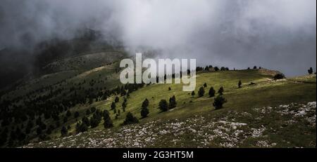 La catena montuosa dell'Ensija vista dalla cima della Gallina Pelada (Berguedà, Catalogna, Spagna, Pirenei) ESP: Vista de la Serra de Ensija (Cataluña, España) Foto Stock