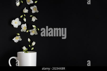 I fiori di Jasmine volano in una tazza bianca su uno sfondo nero. Tè Jasmine in una tazza Foto Stock