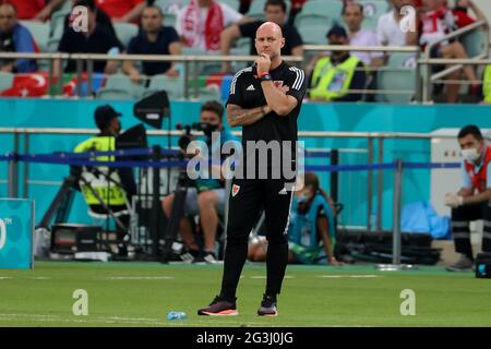 BAKU, AZERBAIGIAN - GIUGNO 16: Coach Rob Page of Wales durante il Campionato UEFA Euro 2020 Gruppo A partita tra la Nazionale della Turchia e la Nazionale del Galles allo Stadio Olimpico di Baku il 16 giugno 2021 a Baku, Azerbaigian (Foto di Orange Pictures) Foto Stock