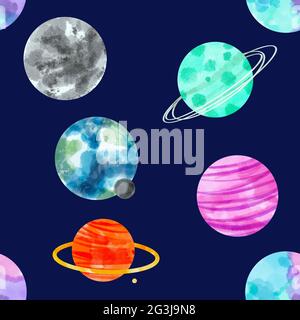 Acquerello senza giunture pianeti spaziali. Spazio acquerello, Cosmo, pianeti retrò. Comete, luna, stelle, steroidi, pianeti stilizzati insieme - illustrazione Foto Stock