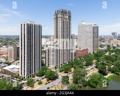 Veduta aerea del 2550 Lincoln Park progettato da Lucien Lagrange Foto Stock