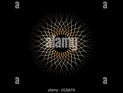 Simbolo del sole dorato concetto di segno di sunburst, raggi radiali, i ntertwining delle linee ondulate, simbolo dorato riempito, concetto di luce solare, vettore del segno di tatuaggio Illustrazione Vettoriale