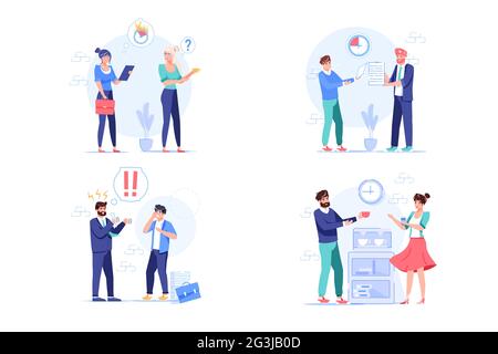 Set di caratteri per i dipendenti di un ufficio a fumetti piatti, concetto di illustrazione vettoriale delle scene del flusso di lavoro Illustrazione Vettoriale