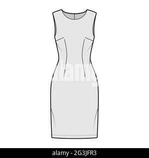 Abito guaina tecnica illustrazione moda con maniche, corpo montato, lunghezza ginocchio gonna a matita. Parte anteriore dell'abbigliamento piatto, colore grigio. Donne, uomini unisex CAD mockup Illustrazione Vettoriale