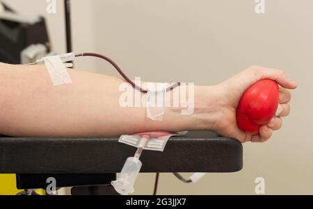 Donatore in poltrona dona sangue, primo piano Foto Stock