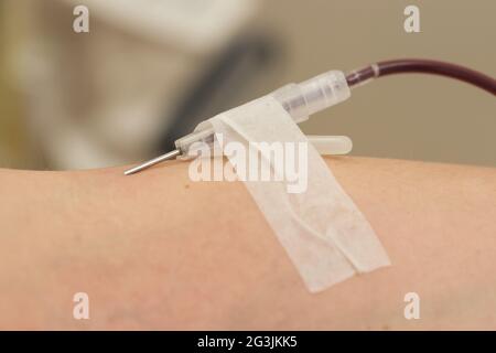 Donatore in poltrona dona sangue, primo piano Foto Stock