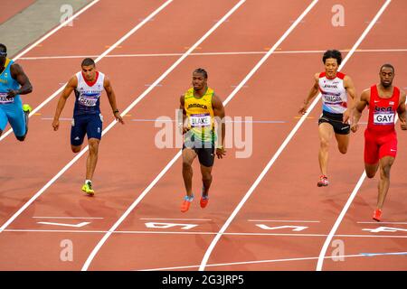 LONDRA, INGHILTERRA - 5 AGOSTO, Adam Gemili della Gran Bretagna, Yohan Blake della Giamaica, Ryota Yamagata del Giappone, Tyson Gay degli Stati Uniti nella semifinale degli uomini 100m durante la sessione serale di atletica allo Stadio Olimpico il 5 agosto 2012 a Londra, Inghilterra Foto di Roger Sedres / Gallo immagini Foto Stock