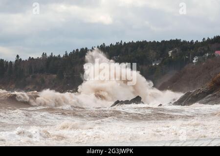 Grande onda che si infrangono sulle rocce. Grande quantità di spray. Alberi e case sullo sfondo. Cielo sovrastato. Foto Stock