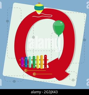 Lettera 'q' dall'alfabeto stilizzato con i bambini: Palloncino, xilofono, strumento, spinning top Illustrazione Vettoriale