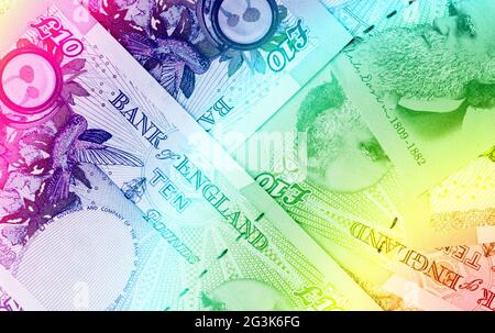 Sterlina sfondo valuta - 10 sterline - Arcobaleno Foto Stock