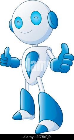 Simpatico robot cartoon sorridere e dare pollici su sfondo bianco Illustrazione Vettoriale