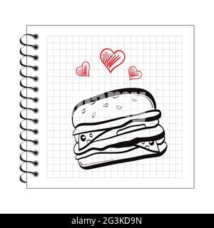 Illustrazione di un hamburger di doodle su carta di blocco note Foto Stock