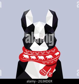 Design moderno e piatto con bulldog francese origami con sciarpa natalizia Foto Stock