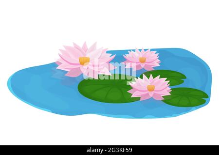 Lago con acqua calma, fiori di giglio, torride e pietre in stile cartoon isolato su sfondo bianco. Laghetto naturale all'aperto. . Illustrazione vettoriale..... Illustrazione Vettoriale