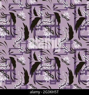 Motivo floreale con fiori e foglie Fiori fantasy astratto Floral fantasia geometrica Illustrazione Vettoriale