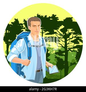 Carino ragazzo turistico con un navigatore tablet. Zaino. Sullo sfondo di un bellissimo paesaggio. Grandi alberi e foresta verde. Un uomo in viaggio. Piatto Illustrazione Vettoriale