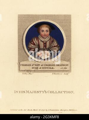 Carlo Brandon, III Duca di Suffolk, 1537-1551. Morto nell'epidemia di malattia sudatoria. Nobiluomo inglese, figlio di Carlo Brandon, i duca di Suffolk, dalla sua quarta moglie, Catherine Willoughby. Carlo, secondo figlio di Carlo Brandon, duca di Suffolk, ob. 1551 incisione a piolo a mano su copperplate di Francesco Bartolozzi dopo un ritratto in miniatura di Hans Holbein il giovane da imitazioni di disegni originali di Hans Holbein, John Chamberlaine, Londra, 1798. Foto Stock