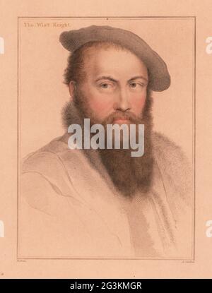 Sir Thomas Wyatt, ambasciatore e poeta inglese (1503-1542). Tho. Cavaliere Wiatt. Incisione a stiletto a copperplate a mano di Anthony Cardon dopo un ritratto di Hans Holbein il giovane da imitazioni di disegni originali di Hans Holbein, John Chamberlaine, Londra, 1812. Foto Stock