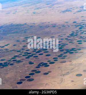 Vista aerea dei campi agricoli circolari nel deserto arabo in Arabia Saudita. Foto Stock