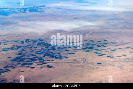 Vista aerea dei campi agricoli circolari nel deserto arabo in Arabia Saudita. Foto Stock