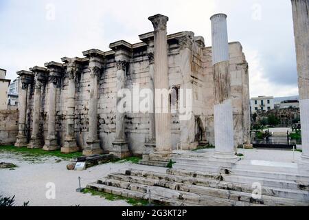 Biblioteca Adriana parco archeologico ad Atene, Grecia. Foto Stock