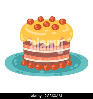 Torta di compleanno felice sul piatto. Torta dolce. Cibo per le vacanze. Oggetti vettoriali isolati su sfondo bianco. Design piatto. Elemento del partito. Illustrazione Vettoriale