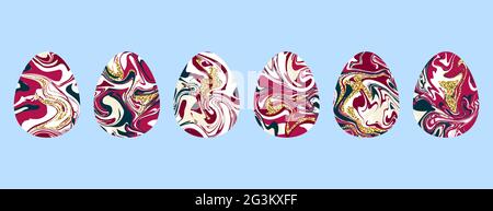 Set di uova in marmo. Tessuto liquido simbolo di pasqua felice. Collezione uovo rosa, rosso, blu con glitter oro isolato su sfondo blu. VEC Illustrazione Vettoriale