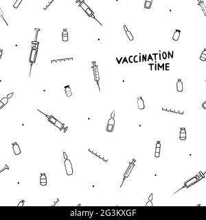 Tempo per la vaccinazione. Modello medico senza soluzione di continuità. Malattie, prevenzione delle malattie, assistenza sanitaria. Illustrazione vettoriale con siringhe farmaceutiche disegnate a mano, Illustrazione Vettoriale