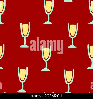 Vetro senza cuciture con prosecco o champagne. Bevanda celebrativa in stile carino su sfondo rosso. Bicchiere di vino per la decorazione festosa del nuovo Illustrazione Vettoriale