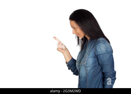 Donna che dice fuori avvertimento con il suo dito indice Foto Stock