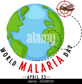 Il logo o la bandiera della Giornata Mondiale della malaria con la zanzara sulla terra illustrazione del segno Illustrazione Vettoriale