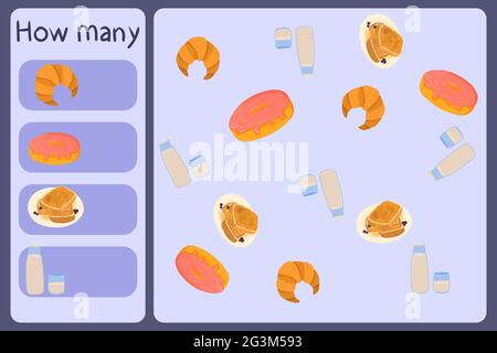 Minigioco matematico per bambini - conta quanti cibi - croissant, ciambelle, toast, latte. Giochi educativi per bambini. Modello di disegno di cartoni animati su sfondo colorato. Grafico vettoriale. Illustrazione Vettoriale