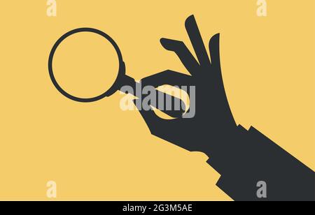 La mano tiene la lente d'ingrandimento alla ricerca di qualcosa. Isolato in giallo. Vettore stock Illustrazione Vettoriale