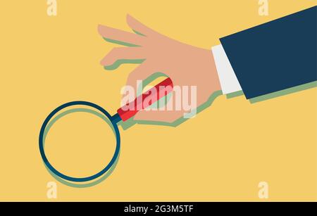 Concetto di ricerca con lente di ingrandimento con supporto manuale. Vettore Illustrazione Vettoriale