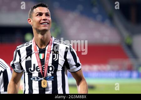 Cristiano Ronaldo della Juventus FC festeggia al termine della finale della Timvision Italian Cup tra Atalanta Bergamasca Calcio e Juventus FC . La Juventus FC vince 2-1 su Atalanta Bergamasca Calcio Foto Stock