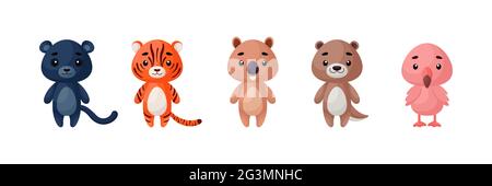 Set di animali carini. Collezione divertente animali personaggi per i biglietti per bambini, baby doccia, invito di compleanno, casa interiore. Vettore infantile di colore brillante Illustrazione Vettoriale