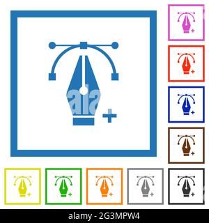 Aggiunta di punti di modifica con lo strumento penna icone di colore piatte in riquadri quadrati su sfondo bianco Illustrazione Vettoriale