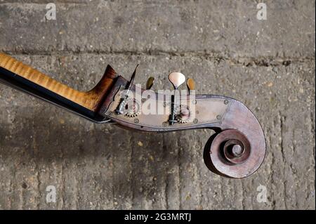 Double Bass - Chiudi la foto della testa, inclusi lo scroll e i sintonizzatori di un contrabbasso Foto Stock