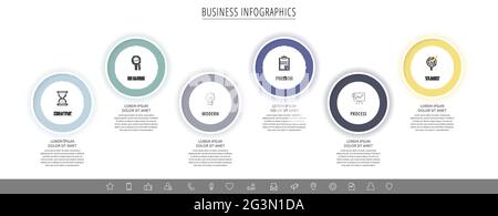 Infografiche vettoriali moderne con sei cerchi. Modello aziendale con 6 passaggi per diagramma, Web, banner, presentazioni, diagramma di flusso, contenuti, livelli Illustrazione Vettoriale