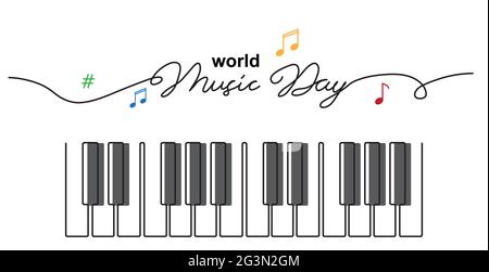 Schizzo del World Music Day. Tasti piano semplice banner vettoriale, poster, sfondo. Un disegno a linea continua con testo Music Day Illustrazione Vettoriale