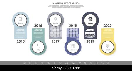 Infografiche vettoriali moderne con sei cerchi. Modello aziendale con 6 passaggi per diagramma, Web, banner, presentazioni, diagramma di flusso, contenuti, livelli Illustrazione Vettoriale