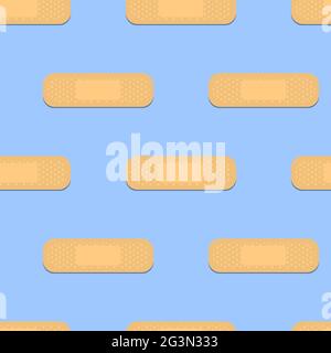 Motivo senza cuciture con cerotti attaccati. Cerotto medico ripetere la tessitura. Su sfondo blu. Illustrazione Vettoriale