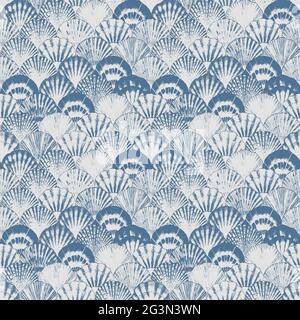 Acquerello mare conchiglia giapponese onde modello senza giunture. Fondale disegnato a mano texture vintage oceano sfondo. Illustrazione marina acquerello. Stampa per Foto Stock