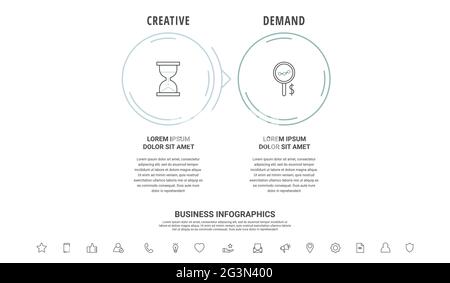 Infografiche vettoriali a linea sottile con due cerchi e frecce. Modello timeline con 2 passaggi per app, business, sito Web, interfaccia, grafico, livelli Illustrazione Vettoriale