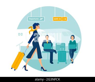 Vettore di un'elegante donna d'affari con una valigia a piedi nel terminal dell'aeroporto Illustrazione Vettoriale