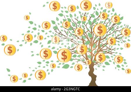 Albero di soldi con dollari e foglie verdi Illustrazione Vettoriale
