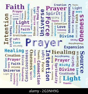 Tema di preghiera di Word Cloud in colori blu su sfondo multicolore - formato quadrato Illustrazione Vettoriale