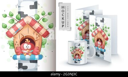 Uccello in birdhouse - carino personaggio animaletto cartoon. Illustrazione Vettoriale