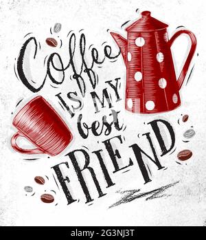 Poster con tazza e caffettiera di caffè che scritta il suo tempo di caffè disegnando su sfondo di carta sporco Illustrazione Vettoriale