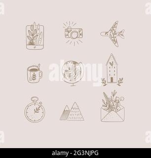 Set di icone della natura da viaggio in tablet, fotocamera, aereo, tazza da tè, globo, casa costruzione, orologio, montagne, busta disegno beige Illustrazione Vettoriale